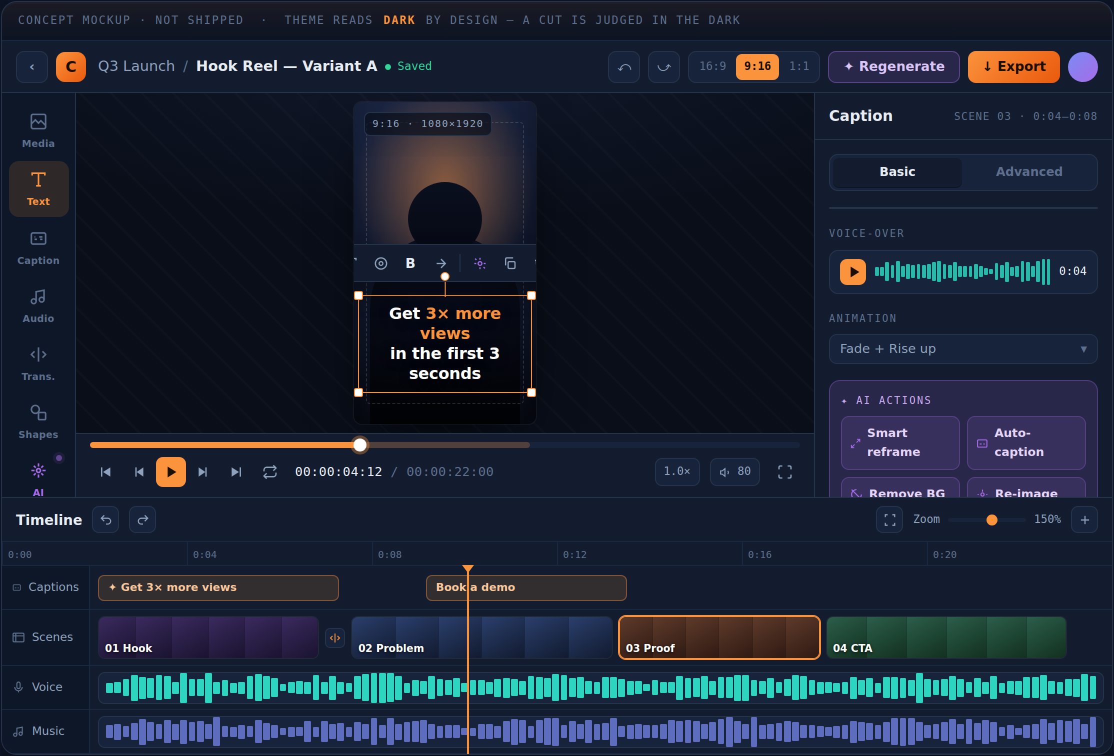 The GetClipFox editor — cinematic preview, multi-track timeline with waveforms, and AI tools
